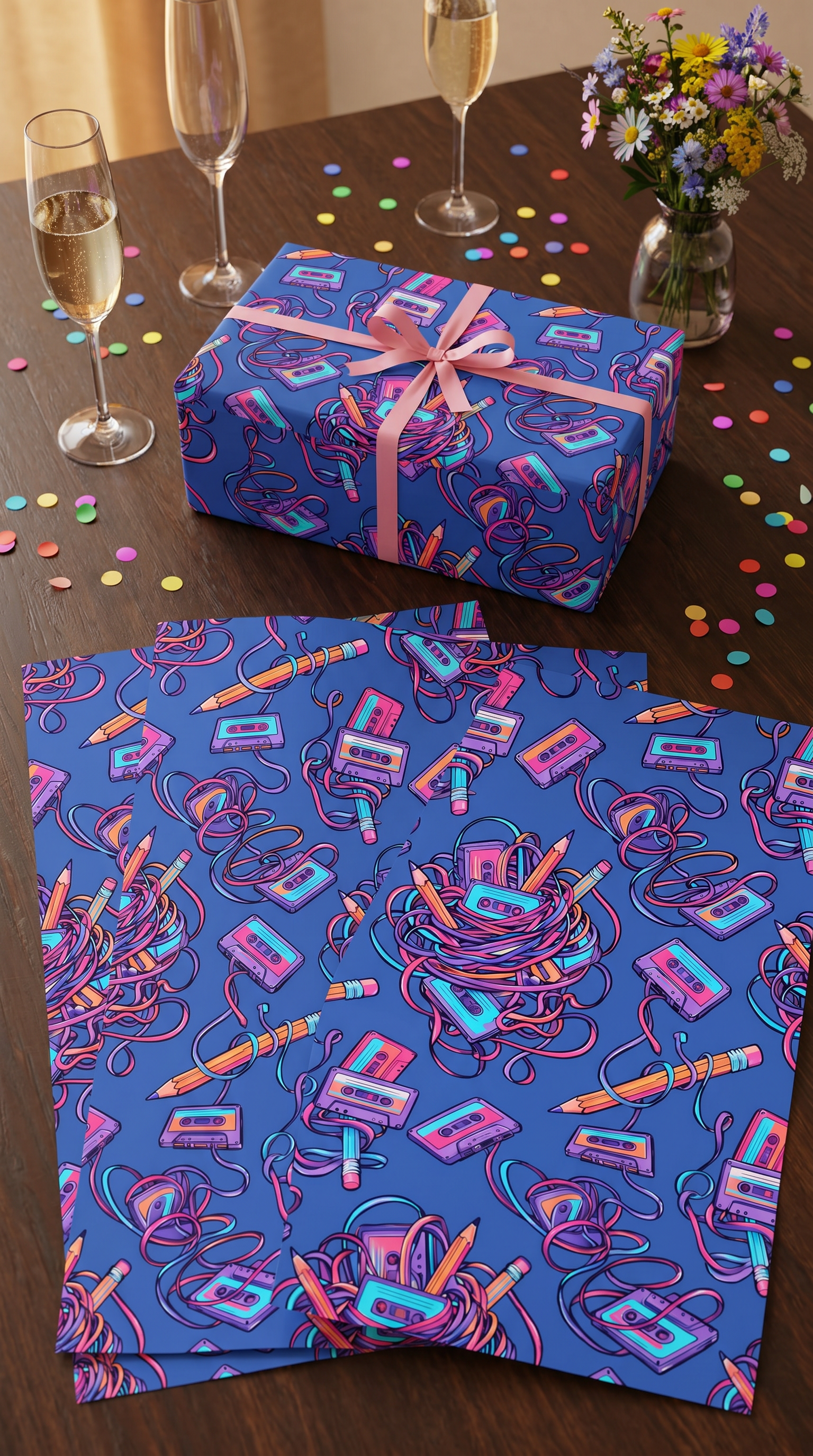 Lustiges Geschenkpapier Set 5 Bögen Kassetten aufrollen - witziges Motiv zum Geburtstag - Individuelle Einladung
