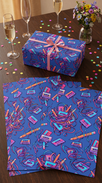 Lustiges Geschenkpapier Set 5 Bögen Kassetten aufrollen - witziges Motiv zum Geburtstag - Individuelle Einladung