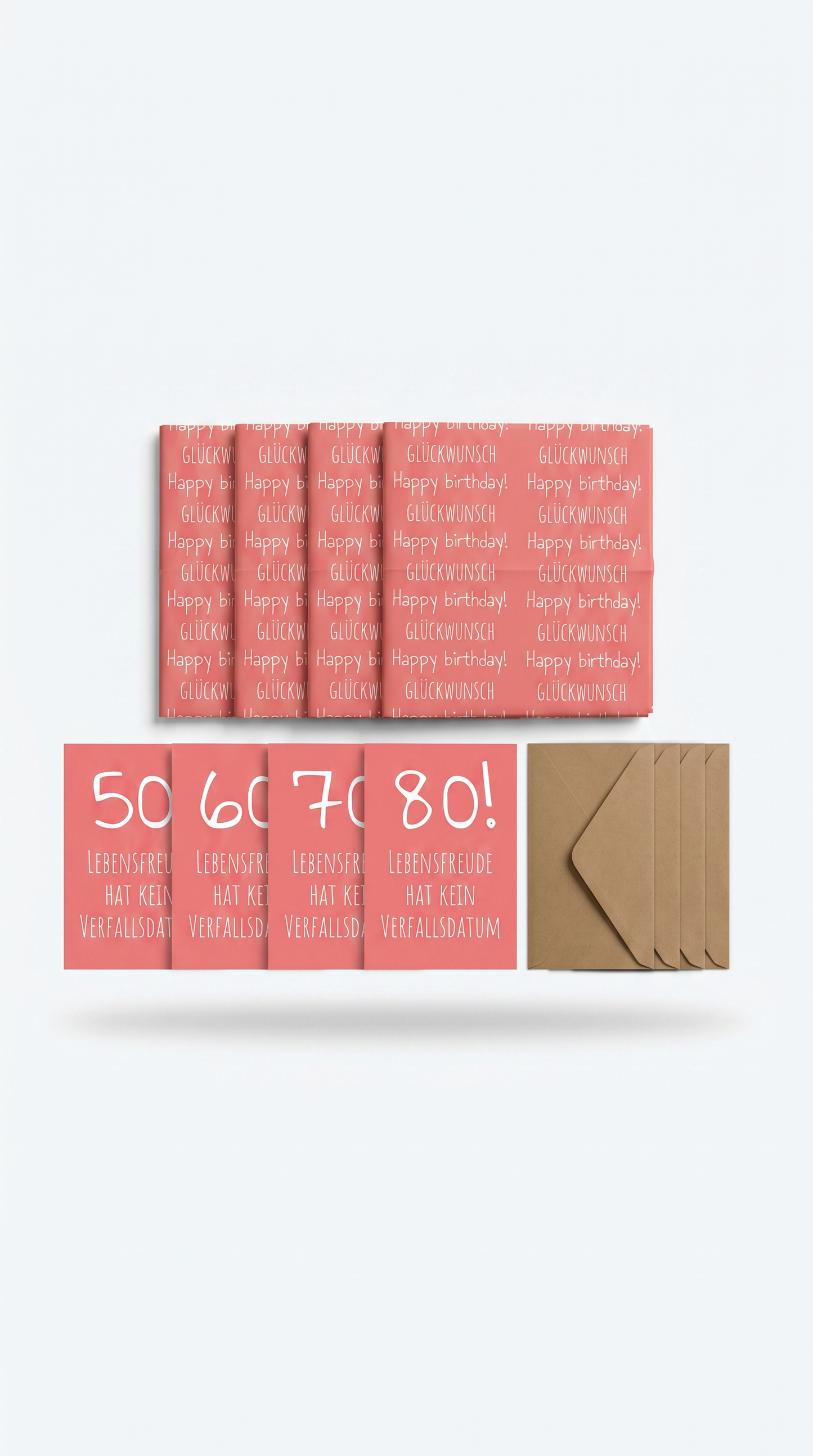 Geschenkpapier 3er Set Lebensfreude Koralle, Geschenkverpackung DIN A2; Geburtstags-Karte mit Umschlag braun - Individuelle Einladung