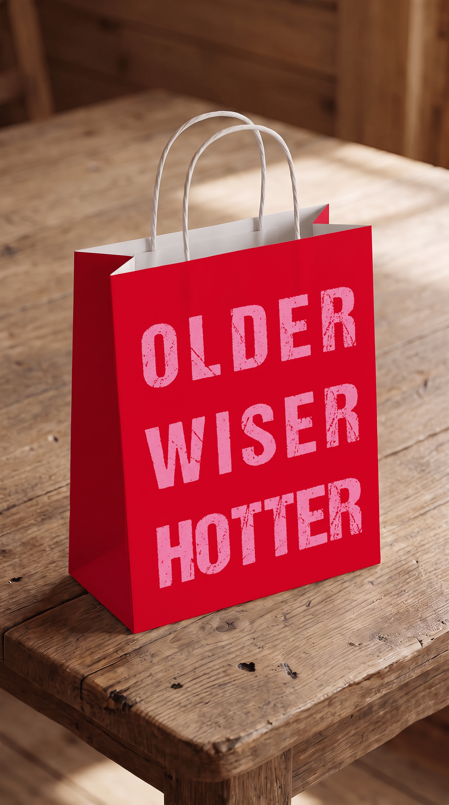 Geschenktüte „Older. Wiser. Hotter.“ – Lustige rote Geschenktasche zum Geburtstag