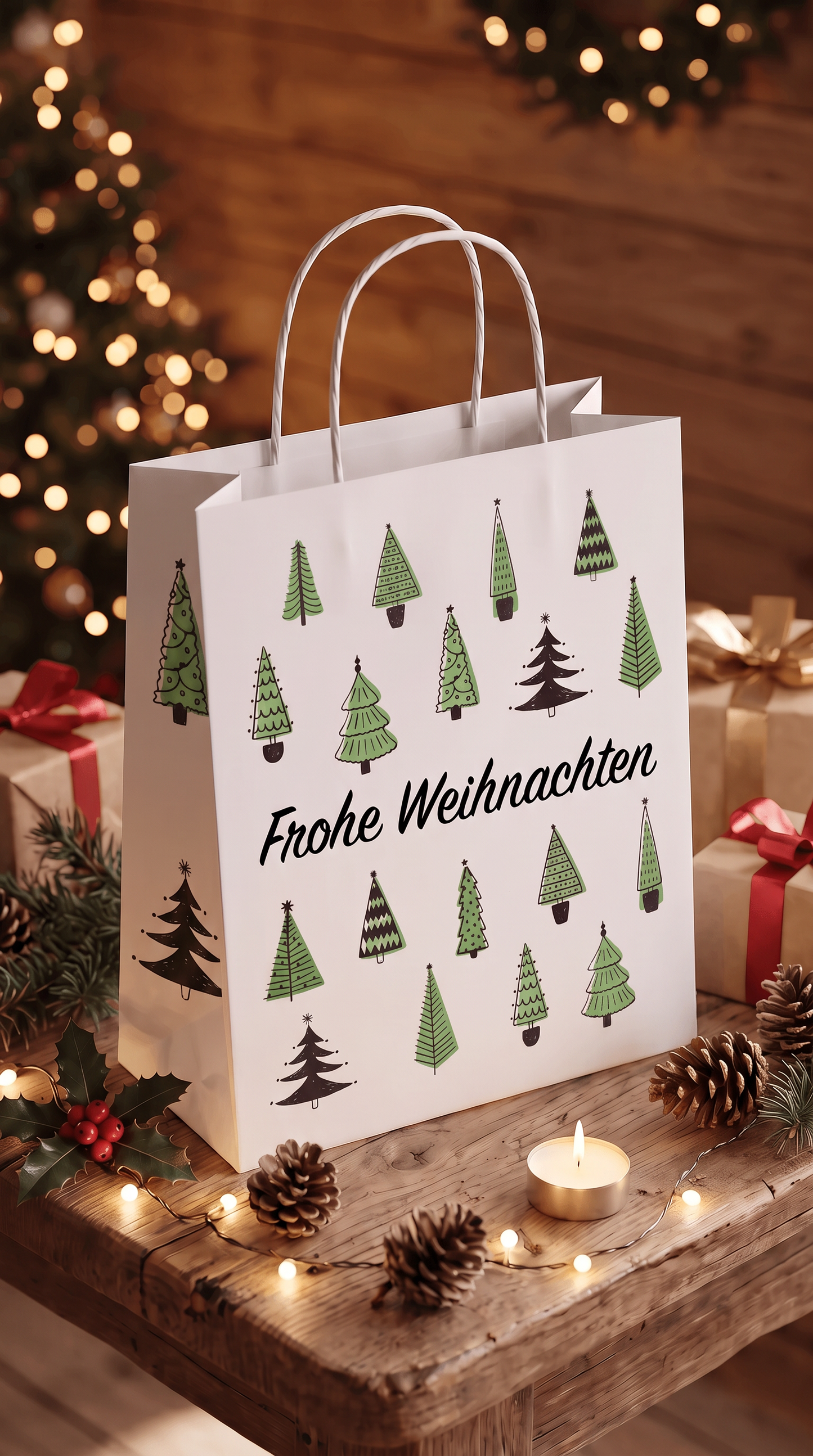 Geschenktüte „Frohe Weihnachten“ – Weihnachts-Geschenktasche mit Christbäumen