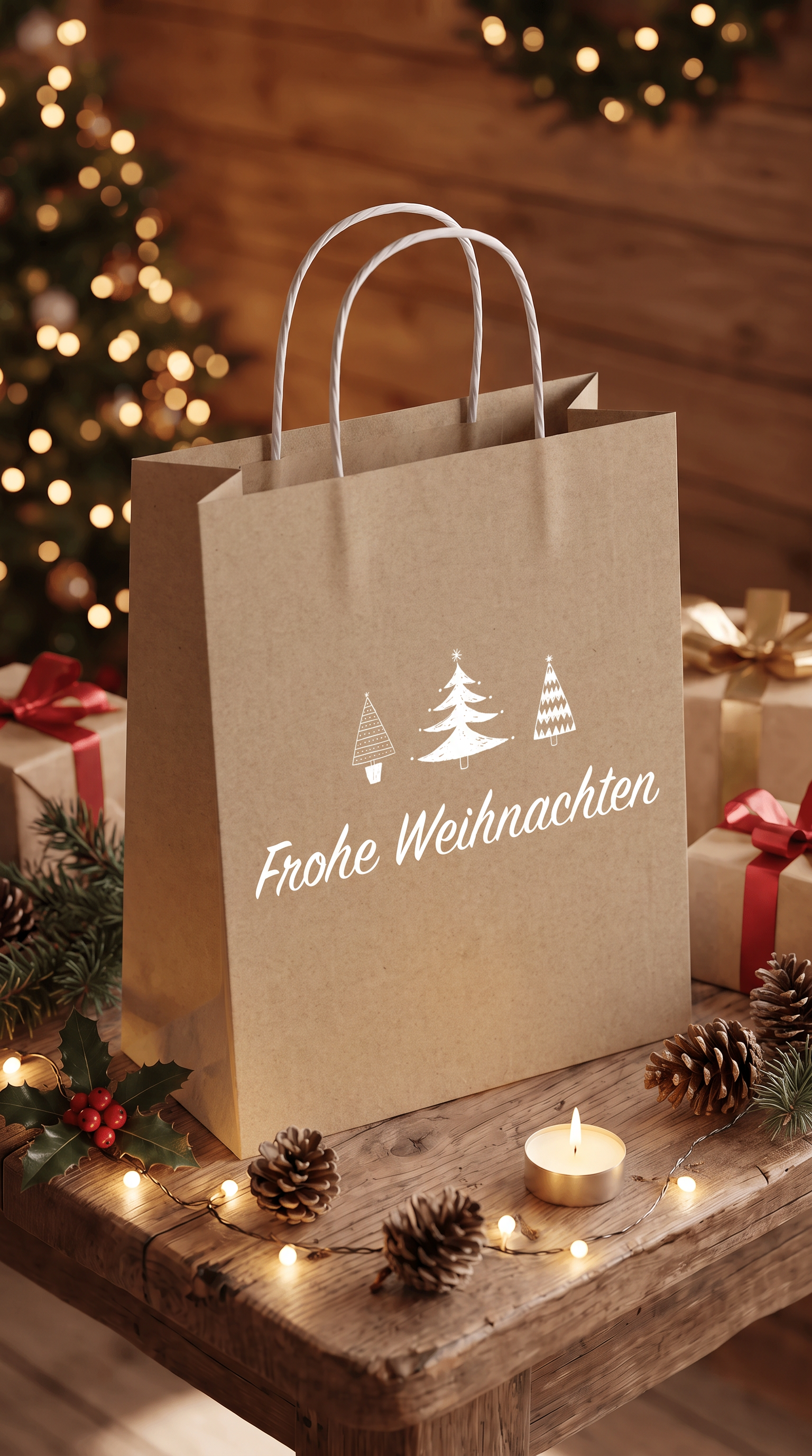 Geschenktüte Weihnachten – Frohe Weihnachten | Kraftpapier braun mit Tannenbäumen