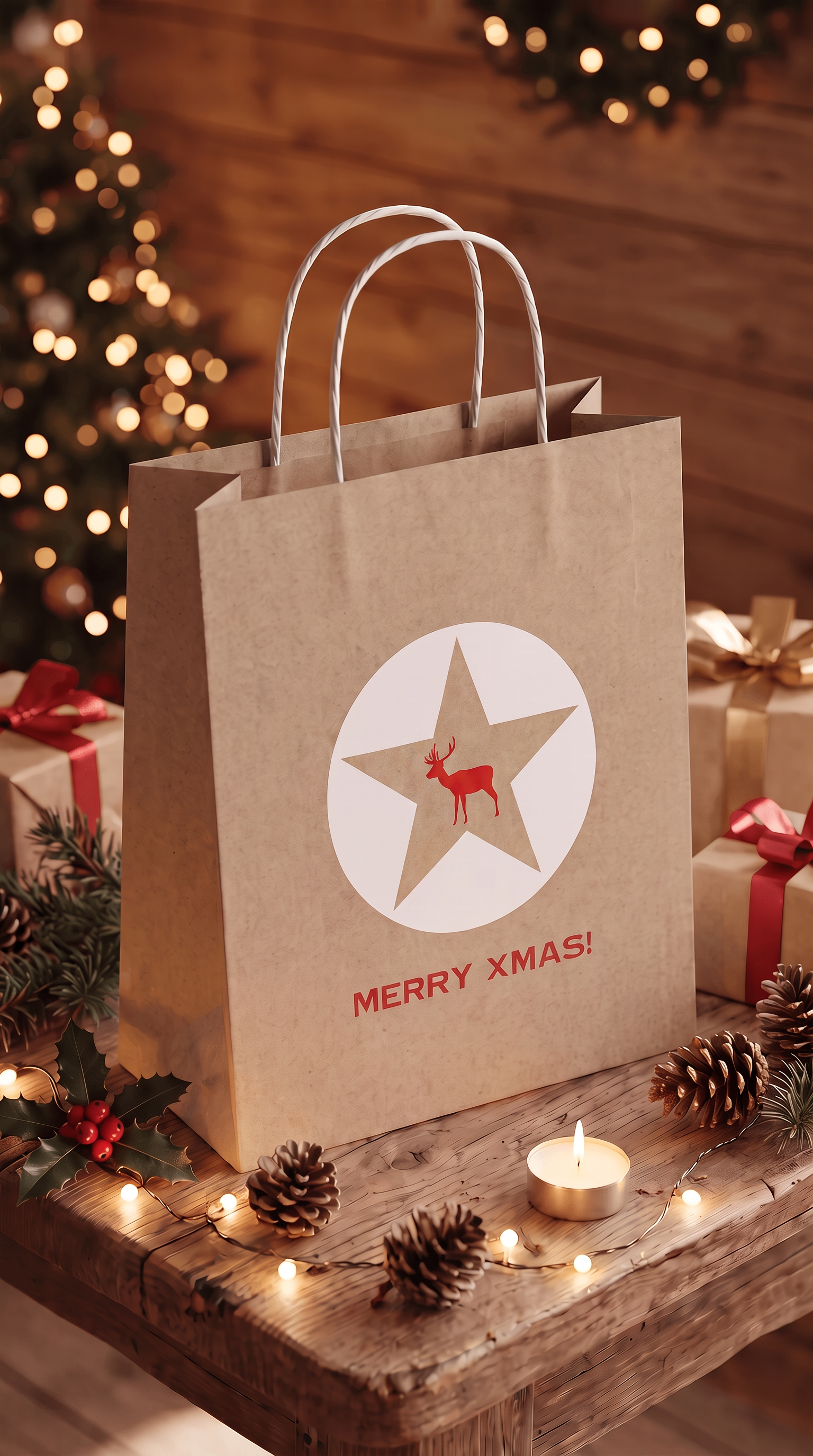 Geschenktüte Weihnachten – Merry XMAS | Roter Elch auf Kraftpapier