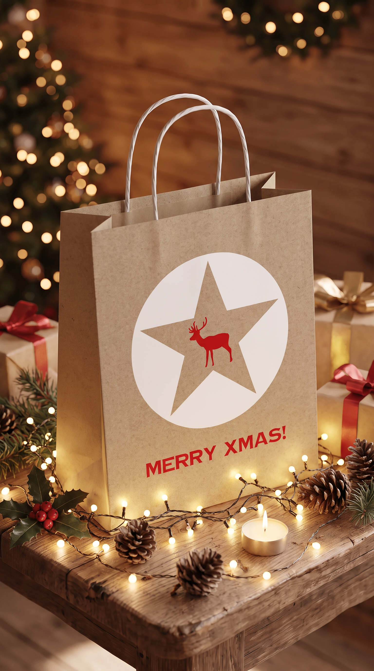 Geschenktüte Weihnachten – Merry XMAS | Roter Elch auf Kraftpapier