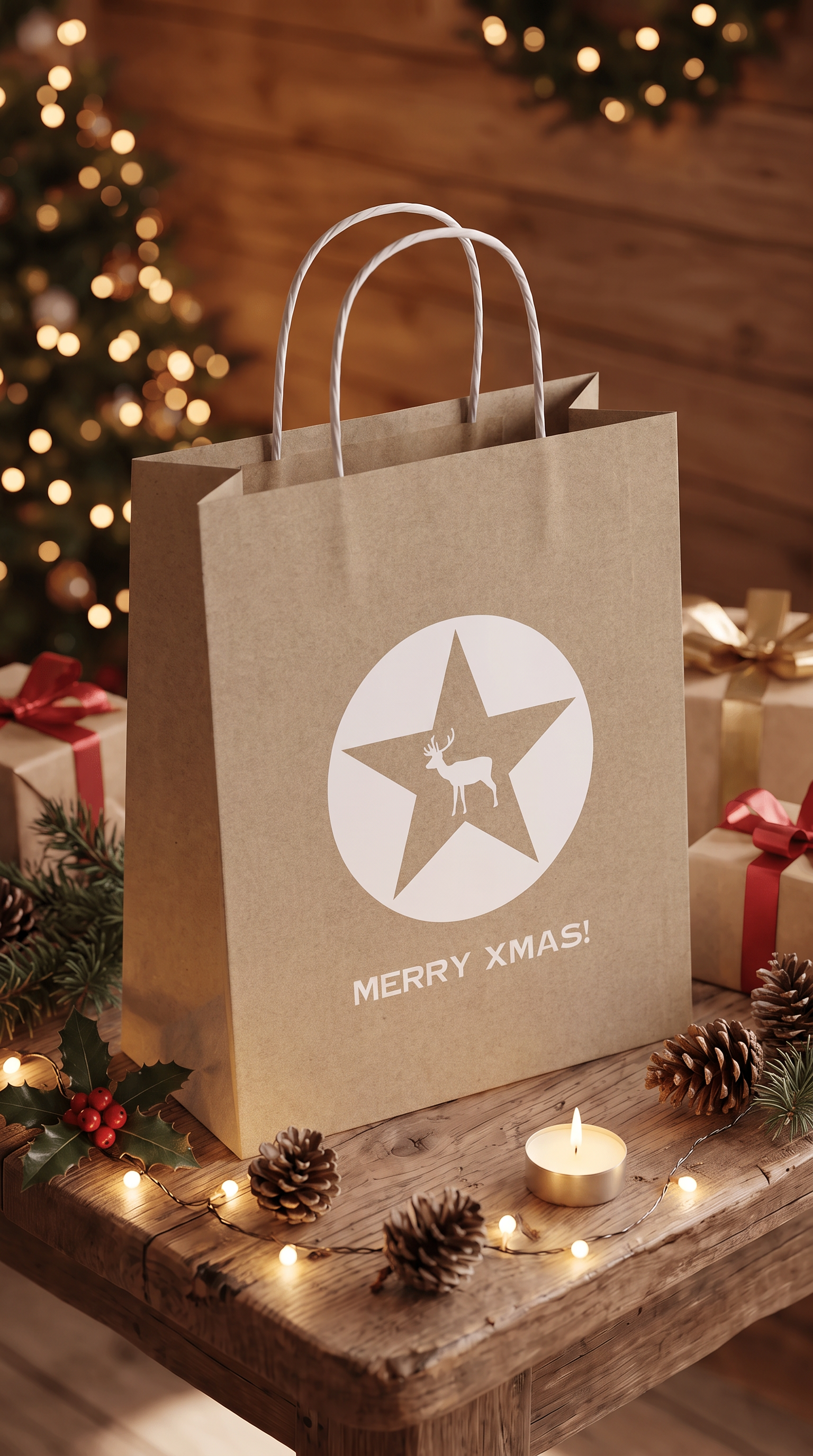 Geschenktüte Weihnachten – Merry XMAS | Weißer Elch auf Kraftpapier