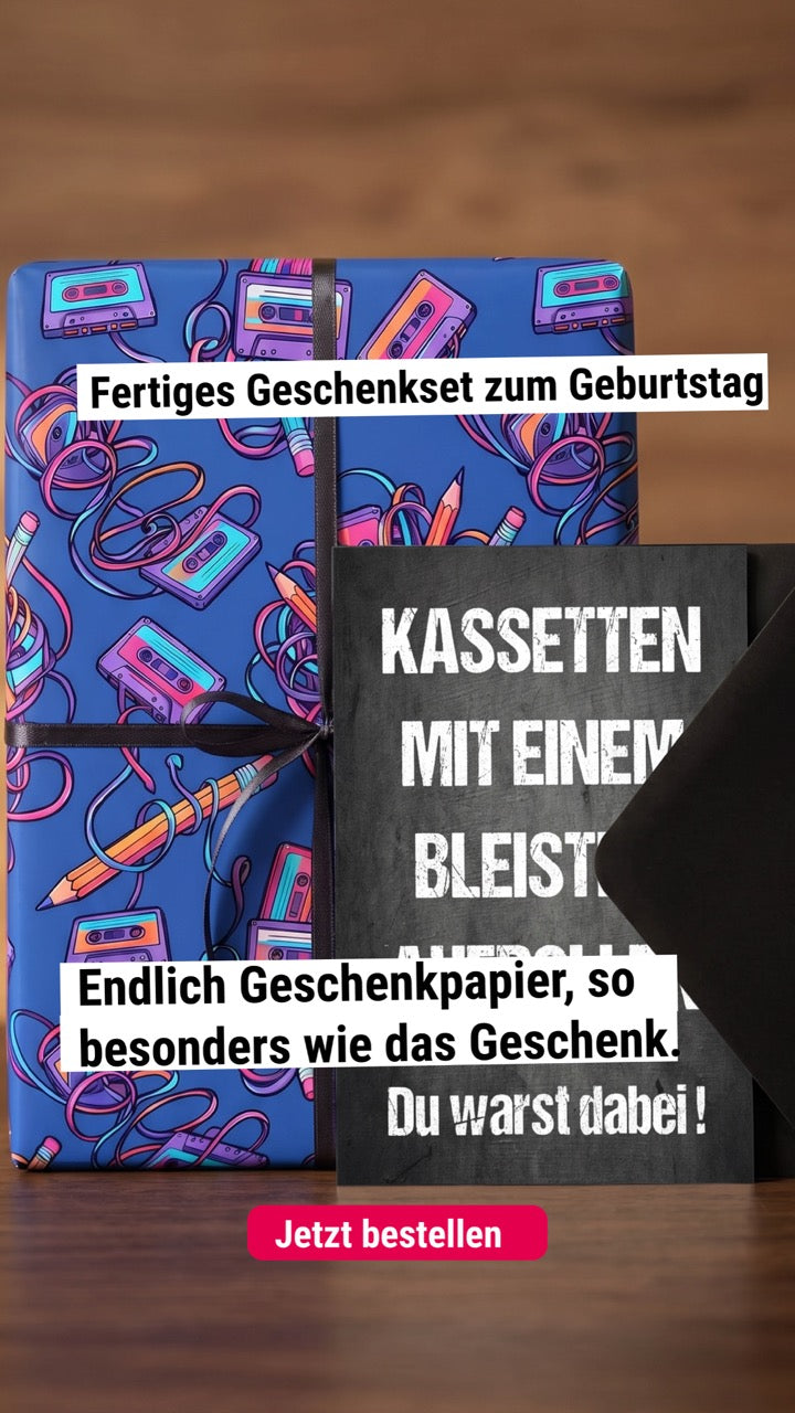 Lustiges Geschenkpapier 3er Set Kassetten aufrollen, Geschenkverpackung DIN A2, Geburtstag  inkl. Umschlägen - Individuelle Einladung
