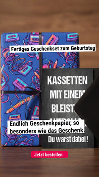 Lustiges Geschenkpapier 3er Set Kassetten aufrollen, Geschenkverpackung DIN A2, Geburtstag  inkl. Umschlägen - Individuelle Einladung