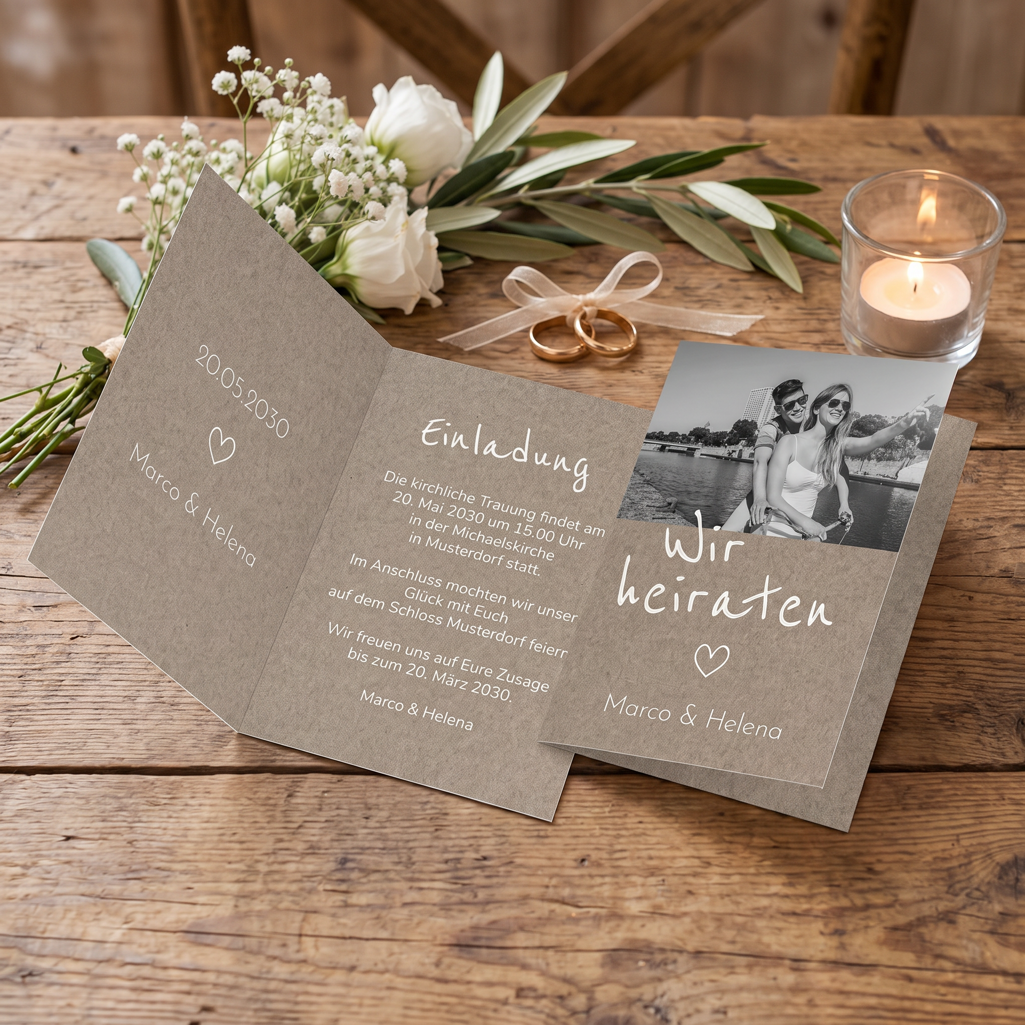 Rustikale Hochzeitseinladung – Klappkarte Hochformat mit Foto, naturfarben & Vintage Stil