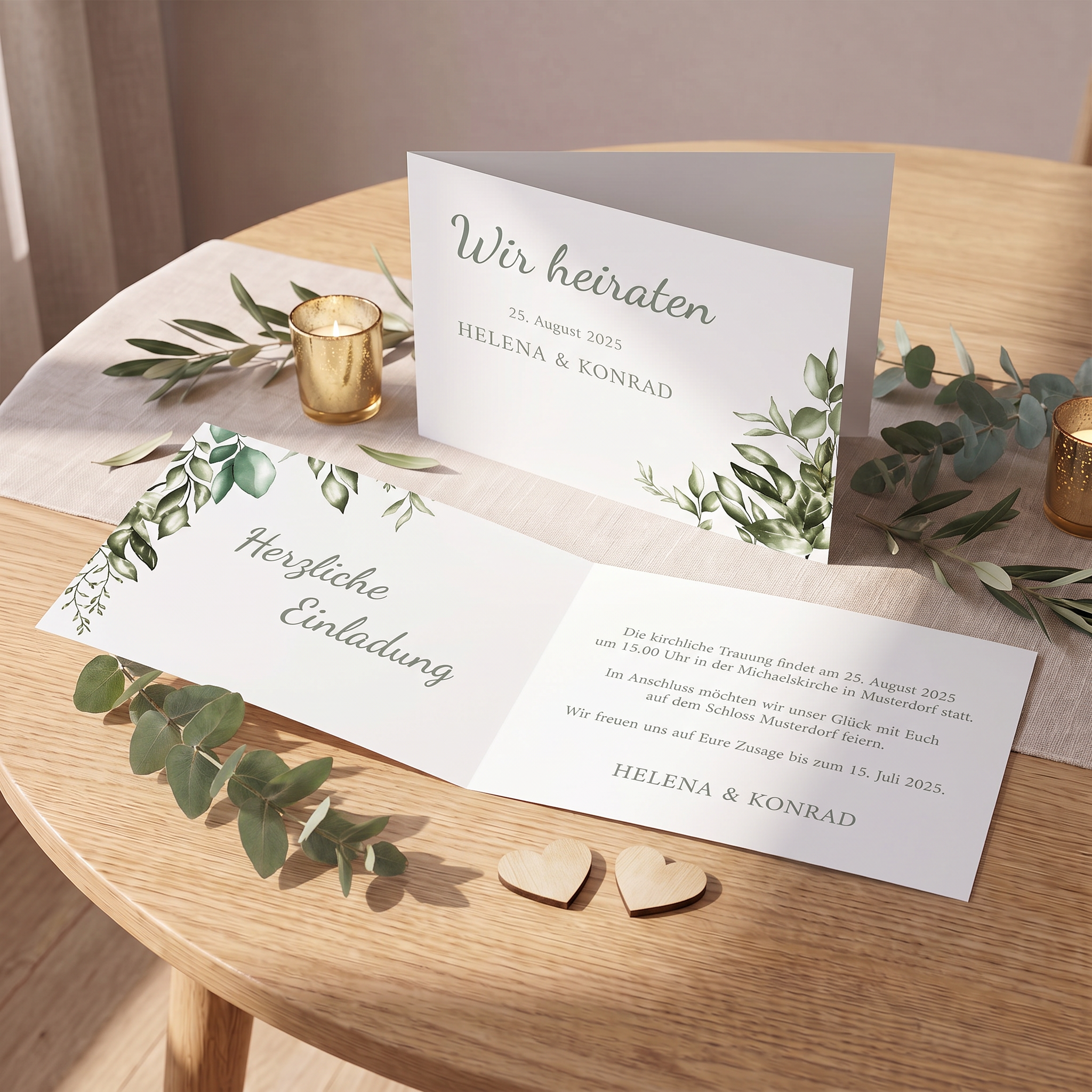 Einladungskarte Hochzeit – Klappkarte Postkartenformat mit Eukalyptuszweig Greenery