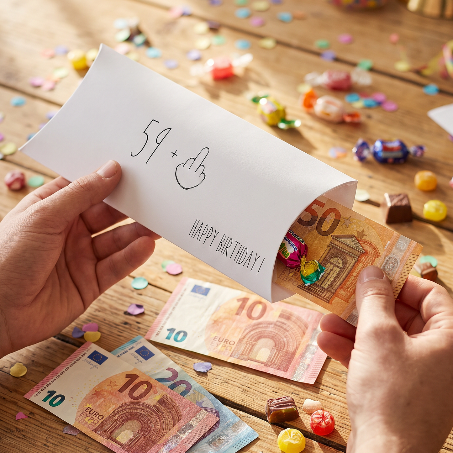 Lustige Geldgeschenkverpackung – 59+ Mittelfinger zum 60. Geburtstag