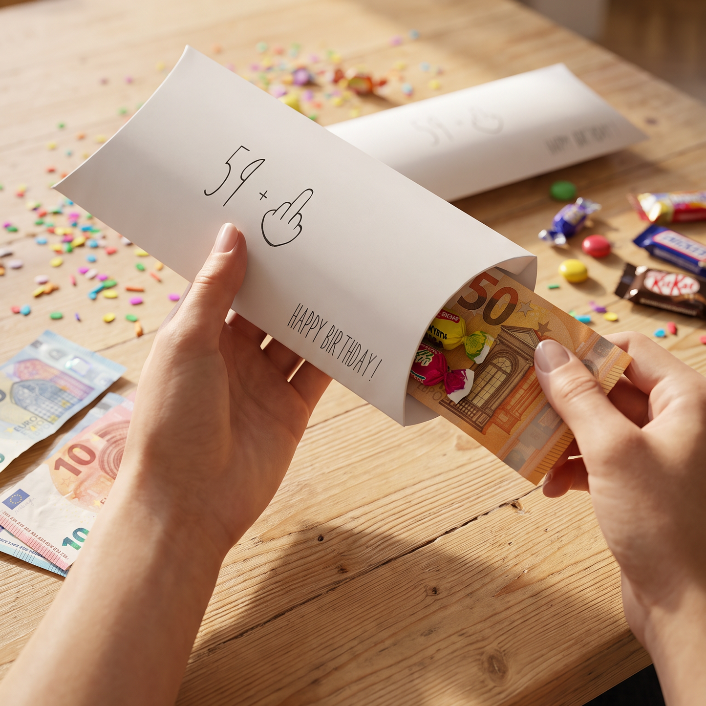 Lustige Geldgeschenkverpackung – 59+ Mittelfinger zum 60. Geburtstag