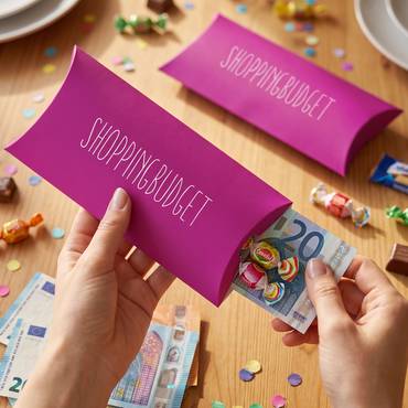 Geldgeschenk Verpackung – Shoppingbudget | Lustiges Geldgeschenk in Lila