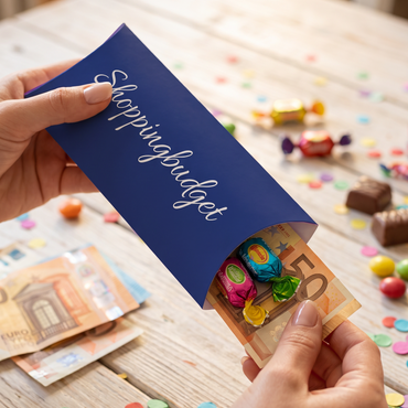 Geldgeschenk Verpackung – Shoppingbudget | Lustiges Geldgeschenk in Dunkelblau