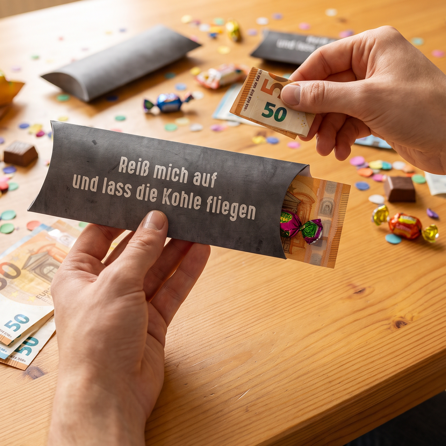 Lustige Geldgeschenkverpackung – Reiß mich auf und lass die Kohle fliegen | Schiefer Optik