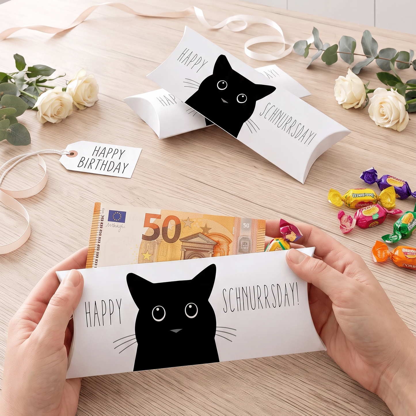 Geldgeschenk Verpackung Geburtstag – Happy Schnurrsday | Lustiges Geldgeschenk mit Katze