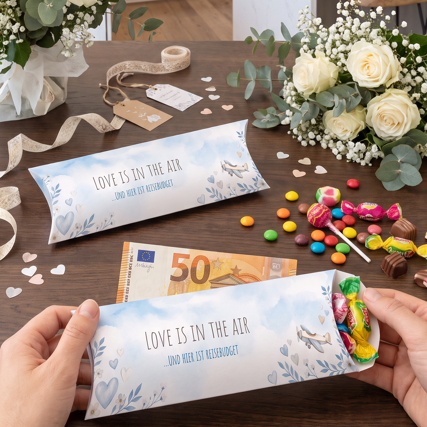 Geldgeschenk Verpackung Hochzeit – Love is in the Air & hier ist Reisebudget