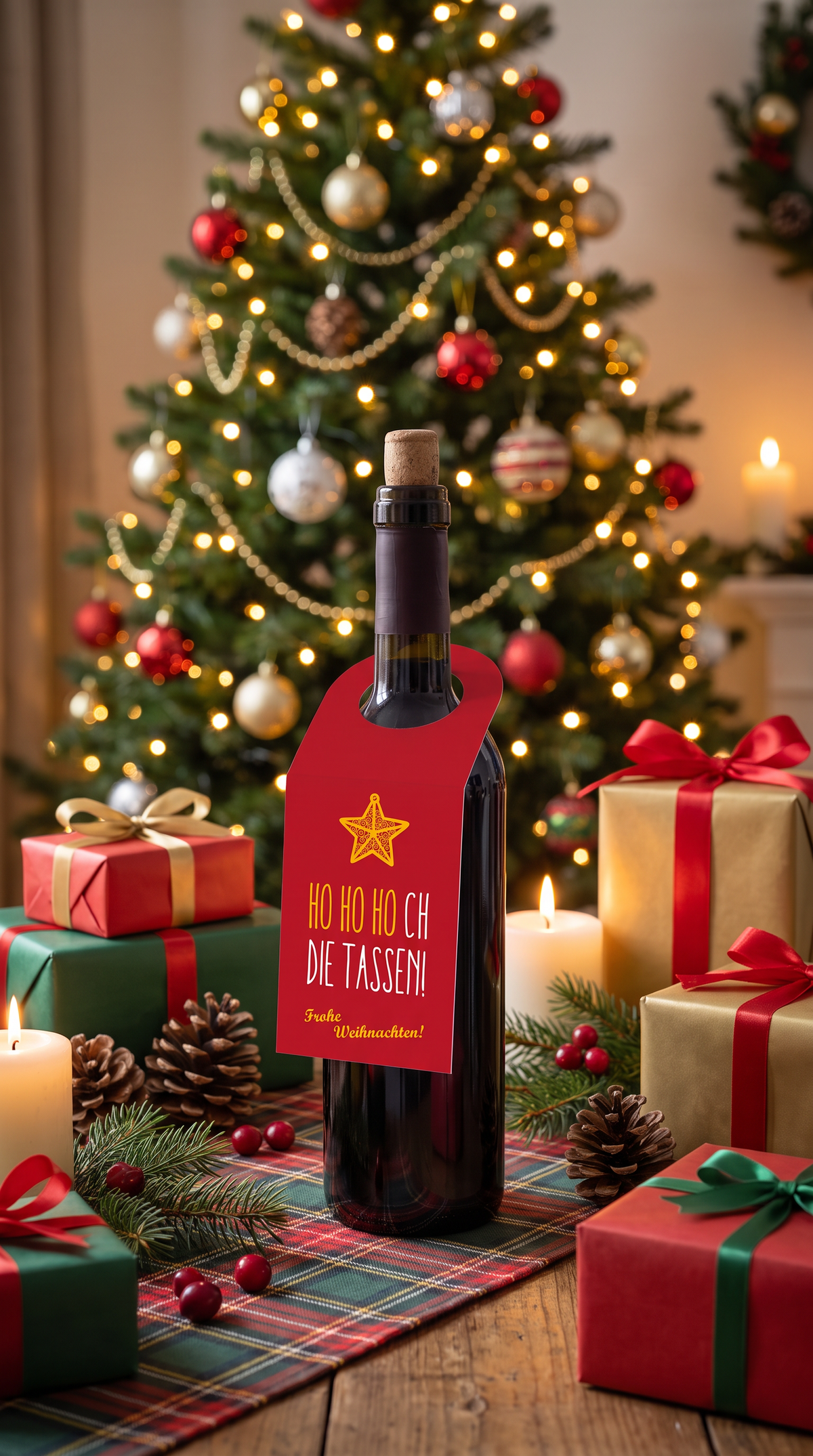 Flaschenanhänger Weihnachten „Ho Ho Hoch die Tassen“ – Rot