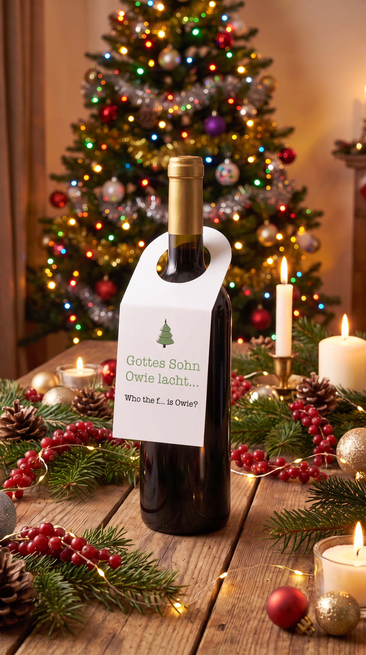 Flaschenanhänger Weihnachten „Gottes Sohn Owie lacht“ – Who the f... is Owie?