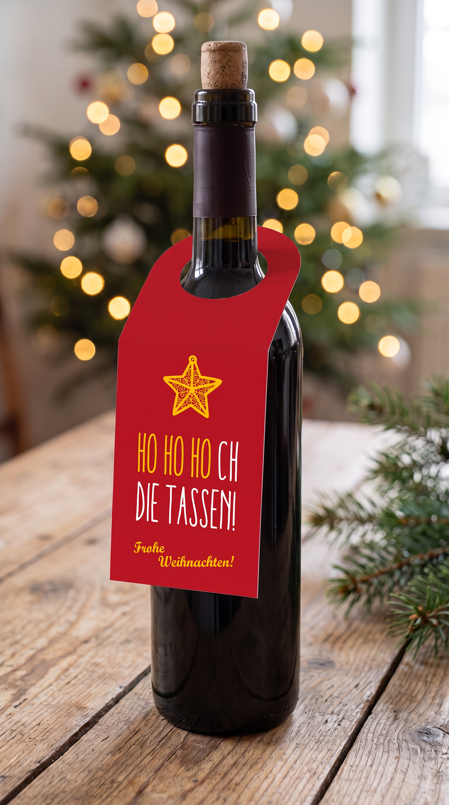 Flaschenanhänger Weihnachten „Ho Ho Hoch die Tassen“ – Rot