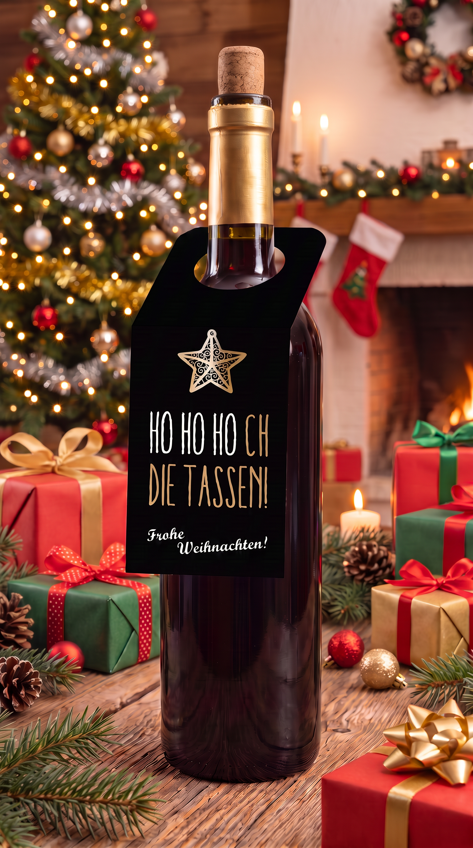 Flaschenanhänger Weihnachten „Ho Ho Hoch die Tassen“ – Schwarz