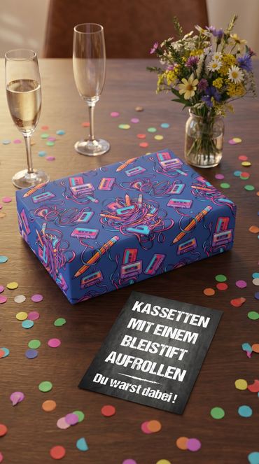 Retro Geschenkpapier Set Kassette Mixtape, 3x Vintage Geschenkverpackung DIN A 2, 3x Geburtstags Karte  inkl. Umschlägen Du warst dabei
