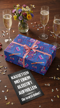 Retro Geschenkpapier Set Kassette Mixtape, 3x Vintage Geschenkverpackung DIN A 2, 3x Geburtstags Karte  inkl. Umschlägen Du warst dabei