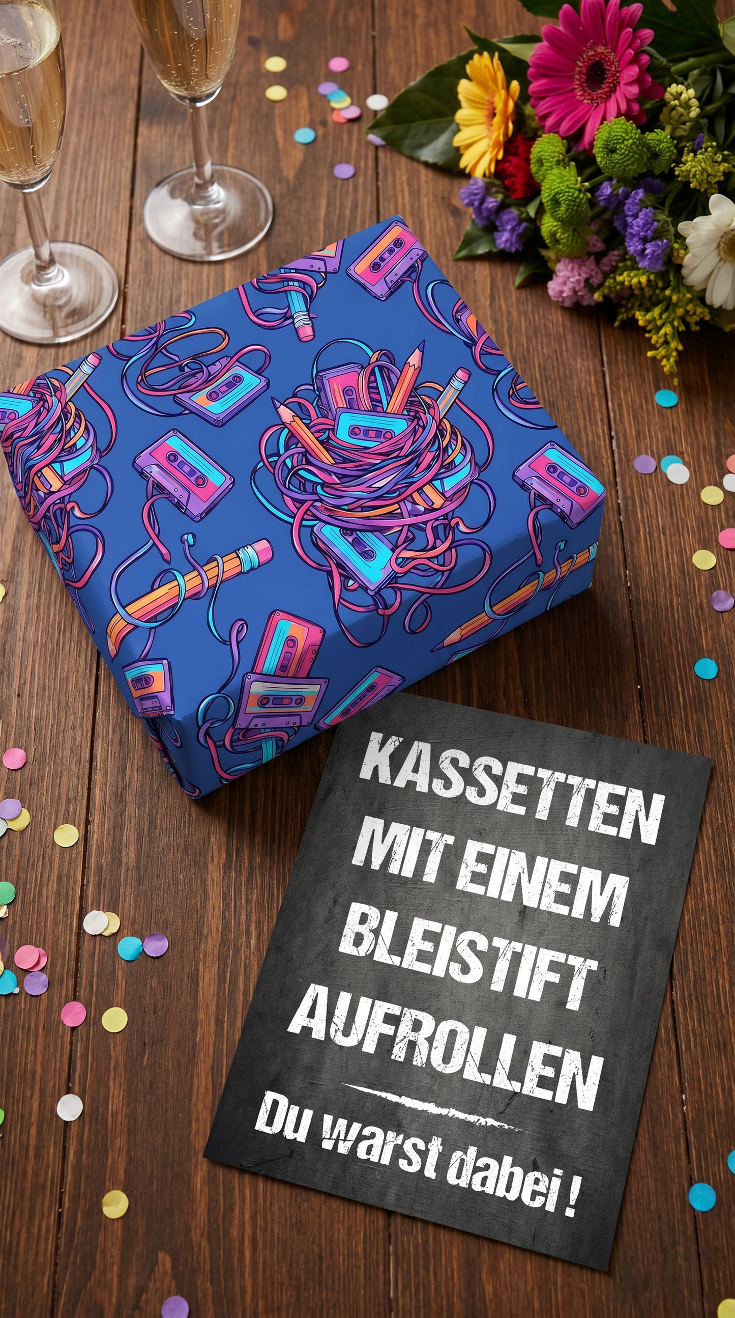 Retro Geschenkpapier Set Kassette Mixtape, 3x Vintage Geschenkverpackung DIN A 2, 3x Geburtstags Karte  inkl. Umschlägen Du warst dabei
