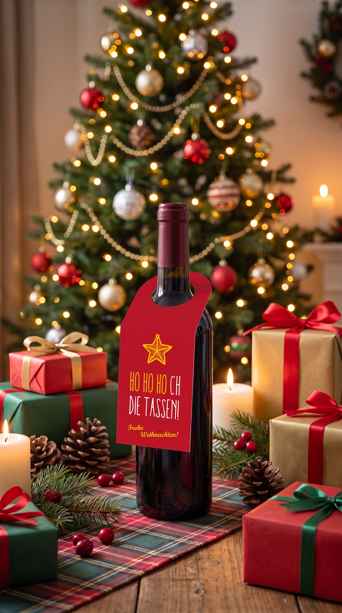Flaschenanhänger Weihnachten „Ho Ho Hoch die Tassen“ – Rot