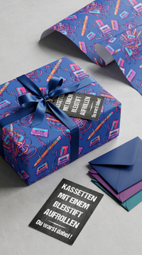 Lustiges Geschenkpapier Set 5 Bögen Kassetten aufrollen Motiv zum Geburtstag, witzige Geschenkverpackung Runder Geburtstag,  DIN A2 Bogen