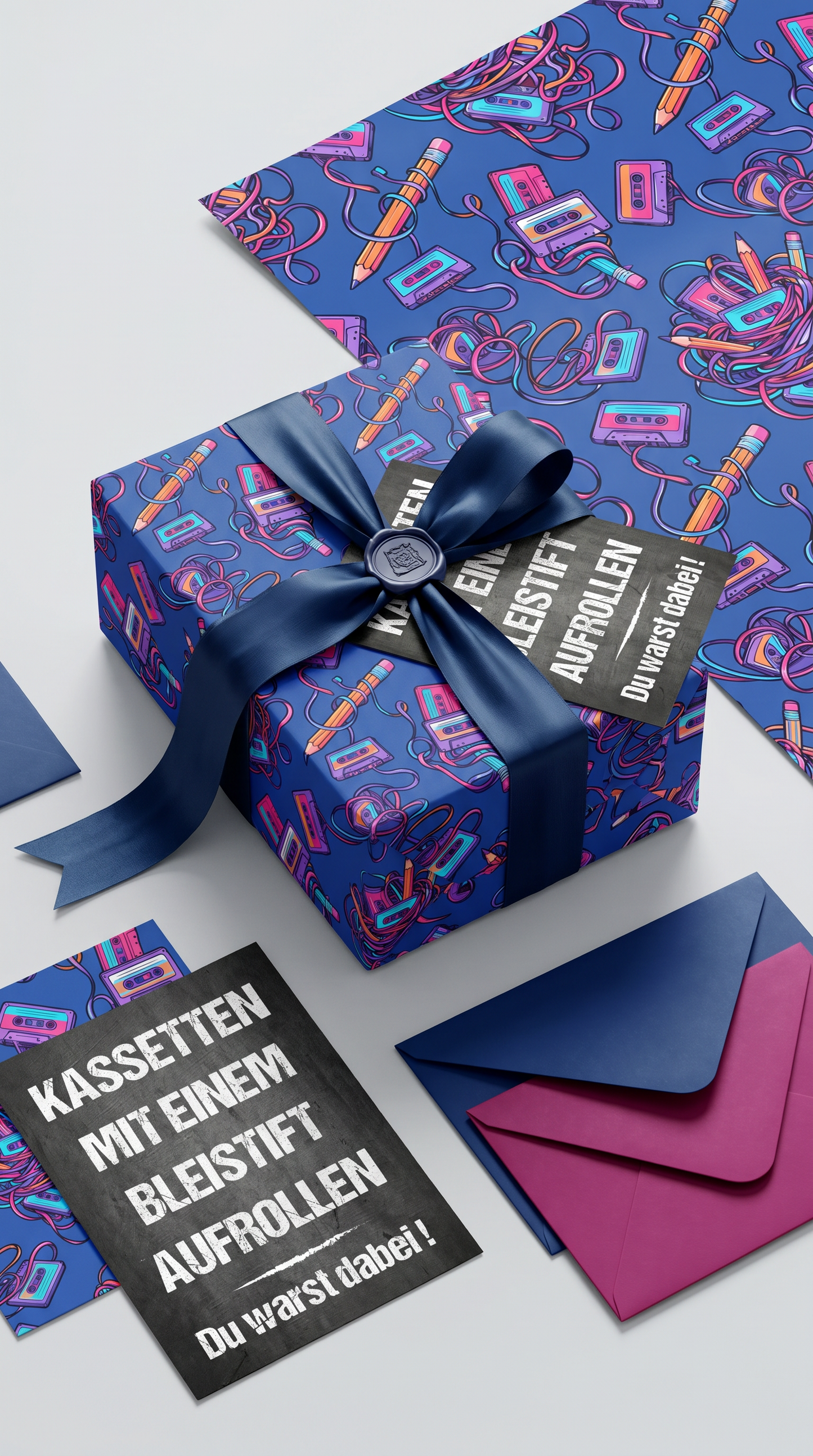 Lustiges Geschenkpapier Set 5 Bögen Kassetten aufrollen Motiv zum Geburtstag, witzige Geschenkverpackung Runder Geburtstag,  DIN A2 Bogen