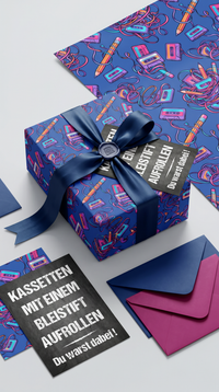 Lustiges Geschenkpapier Set 5 Bögen Kassetten aufrollen Motiv zum Geburtstag, witzige Geschenkverpackung Runder Geburtstag,  DIN A2 Bogen