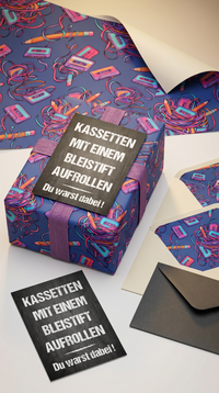 Retro Geschenkpapier Set Kassette Mixtape, 3x Vintage Geschenkverpackung DIN A 2, 3x Geburtstags Karte  inkl. Umschlägen Du warst dabei