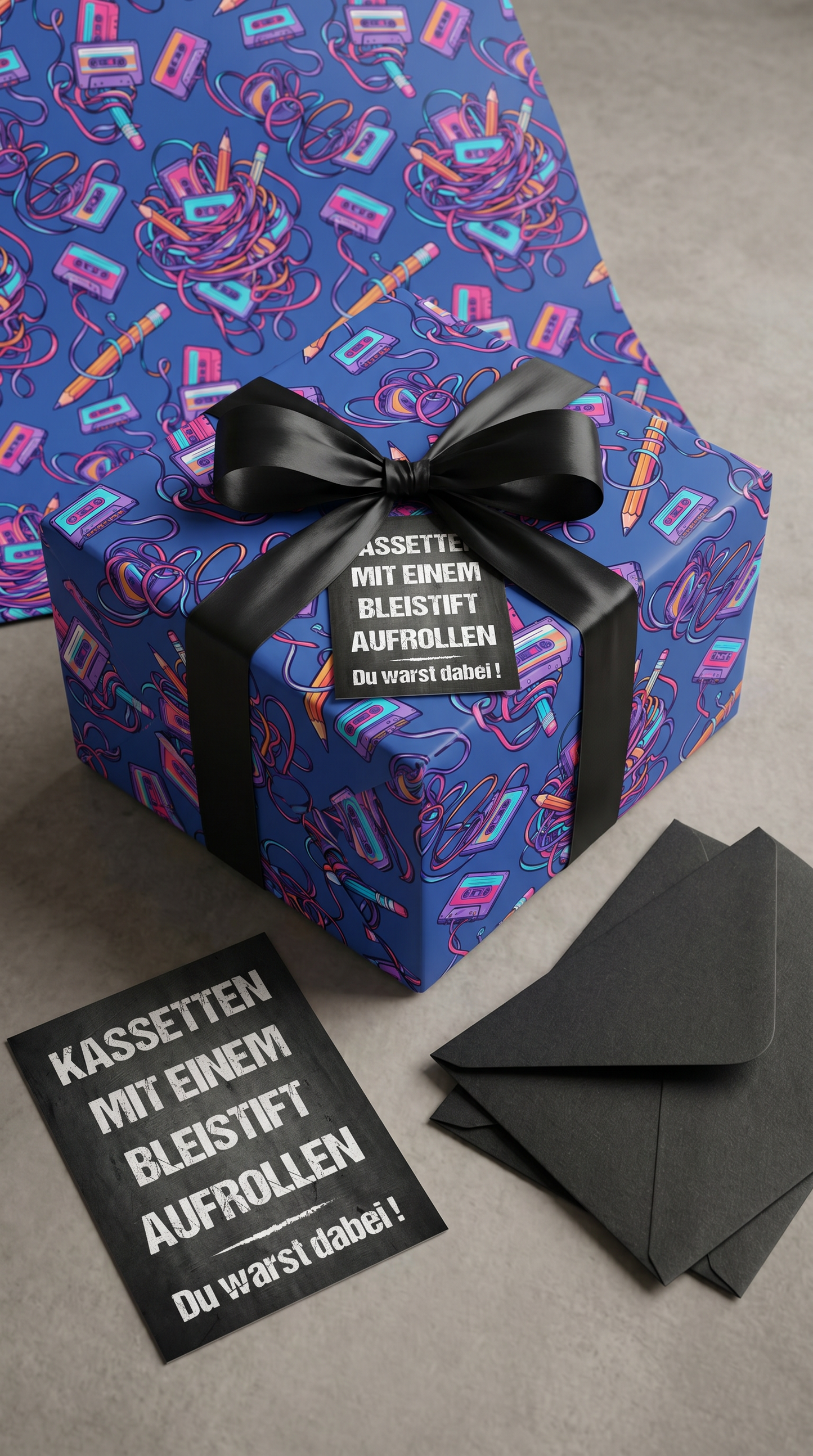Retro Geschenkpapier Set Kassette Mixtape, 3x Vintage Geschenkverpackung DIN A 2, 3x Geburtstags Karte  inkl. Umschlägen Du warst dabei