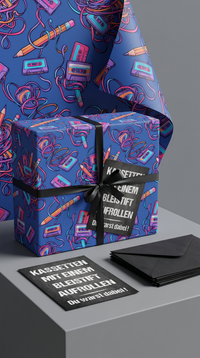 Retro Geschenkpapier Set Kassette Mixtape, 3x Vintage Geschenkverpackung DIN A 2, 3x Geburtstags Karte  inkl. Umschlägen Du warst dabei