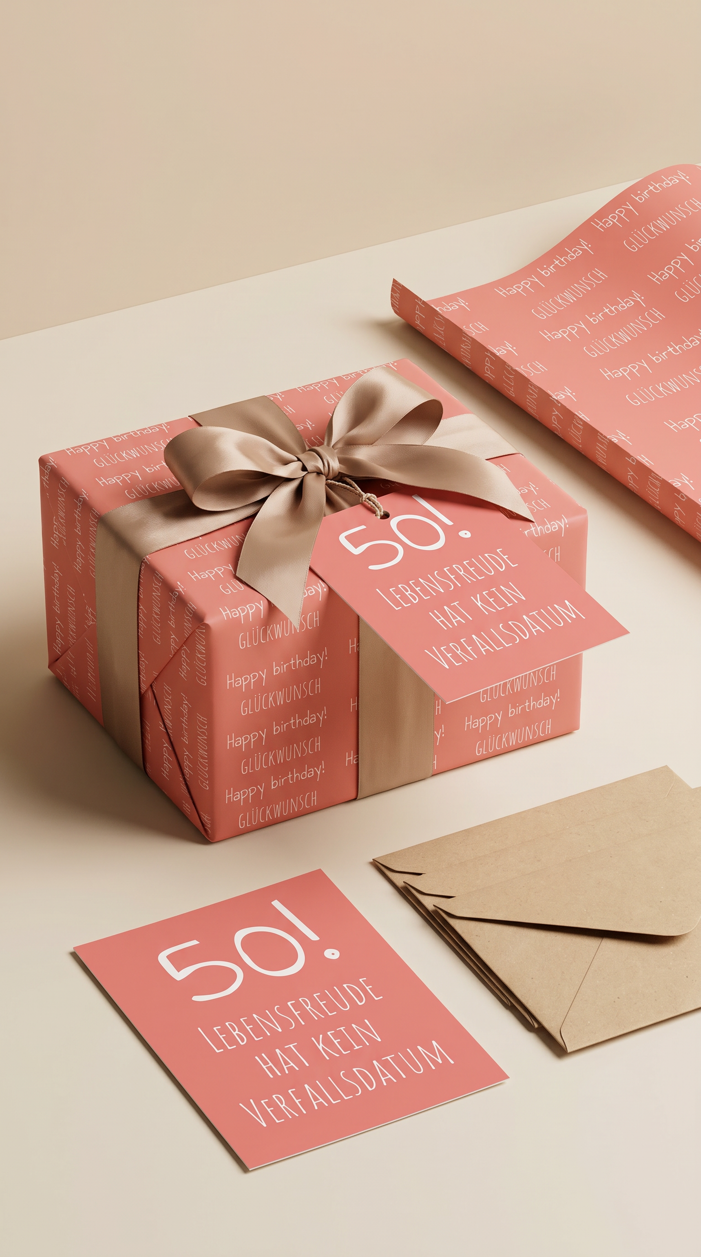 Lustiges Geschenkpapier Set 5 Bögen Lebensfreude Motiv zum Geburtstag, witzige Geschenkverpackung Runder Geburtstag,  DIN A2 Bogen