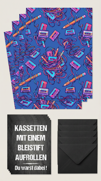 Retro Geschenkpapier Set Kassette Mixtape, 3x Vintage Geschenkverpackung DIN A 2, 3x Geburtstags Karte  inkl. Umschlägen Du warst dabei