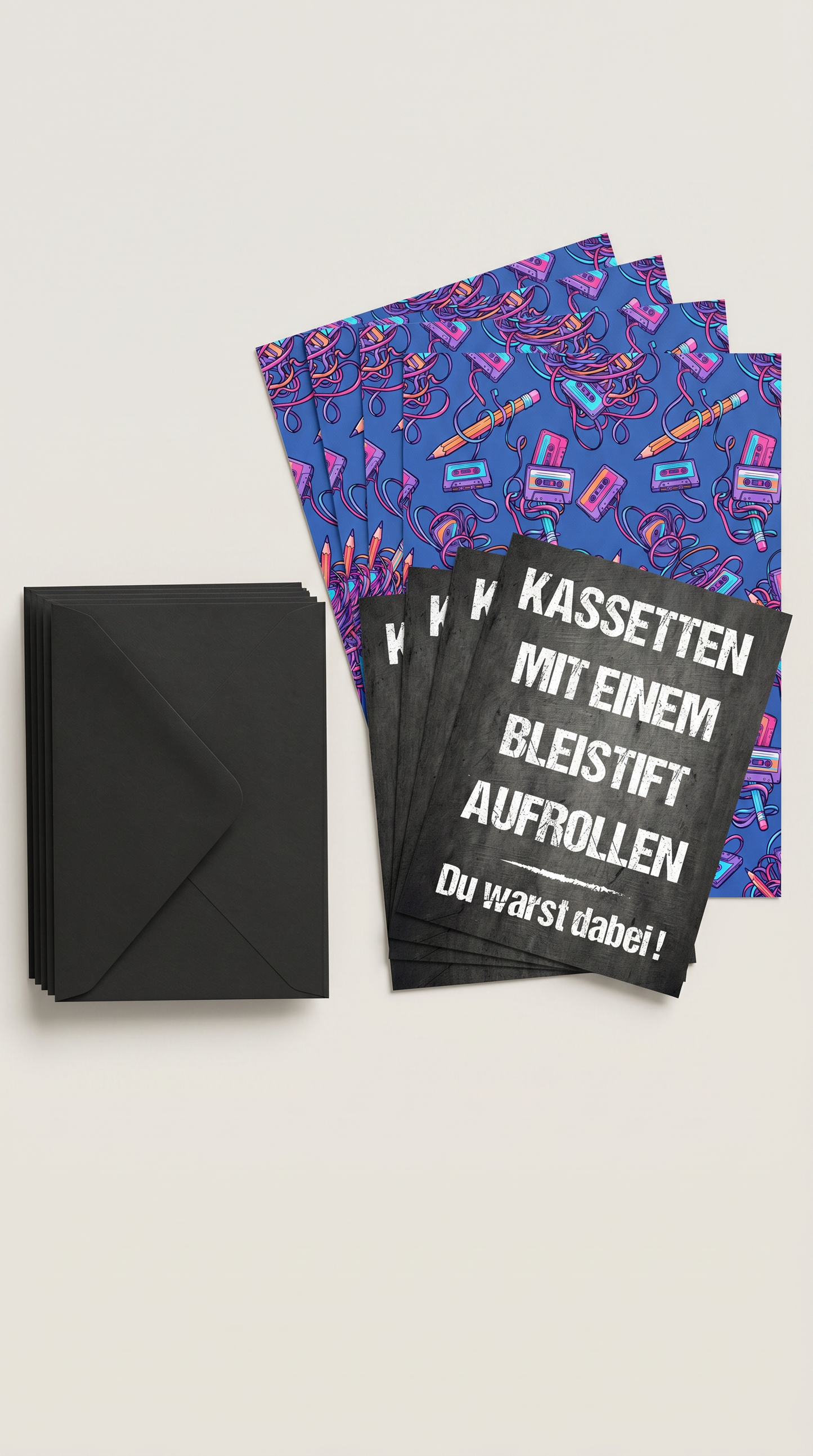 Retro Geschenkpapier Set Kassette Mixtape, 3x Vintage Geschenkverpackung DIN A 2, 3x Geburtstags Karte  inkl. Umschlägen Du warst dabei