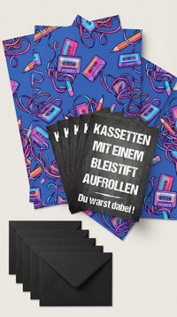 Retro Geschenkpapier Set Kassette Mixtape, 3x Vintage Geschenkverpackung DIN A 2, 3x Geburtstags Karte  inkl. Umschlägen Du warst dabei