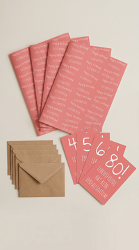 Geschenkpapier Set Lebensfreude Koralle, 5 x Geschenkverpackung DIN A2; Runder Geburtstag, 5 x Lebensfreude Karte mit Umschlag braun Premium