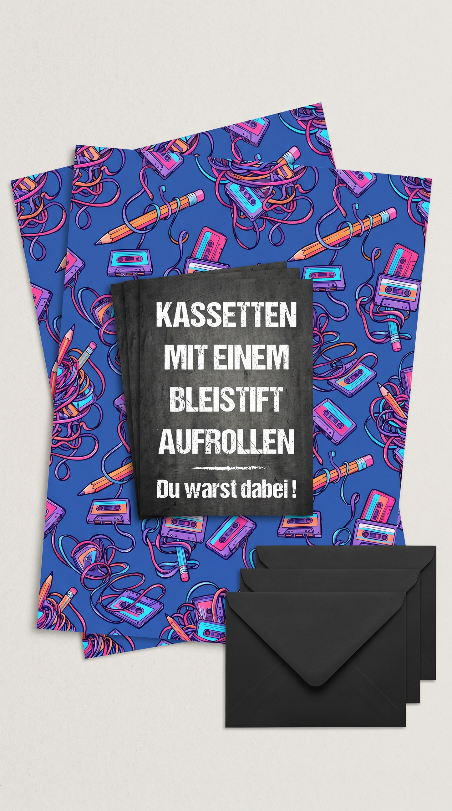 Retro Geschenkpapier Set Kassette Mixtape, 3x Vintage Geschenkverpackung DIN A 2, 3x Geburtstags Karte  inkl. Umschlägen Du warst dabei