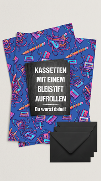 Retro Geschenkpapier Set Kassette Mixtape, 3x Vintage Geschenkverpackung DIN A 2, 3x Geburtstags Karte  inkl. Umschlägen Du warst dabei
