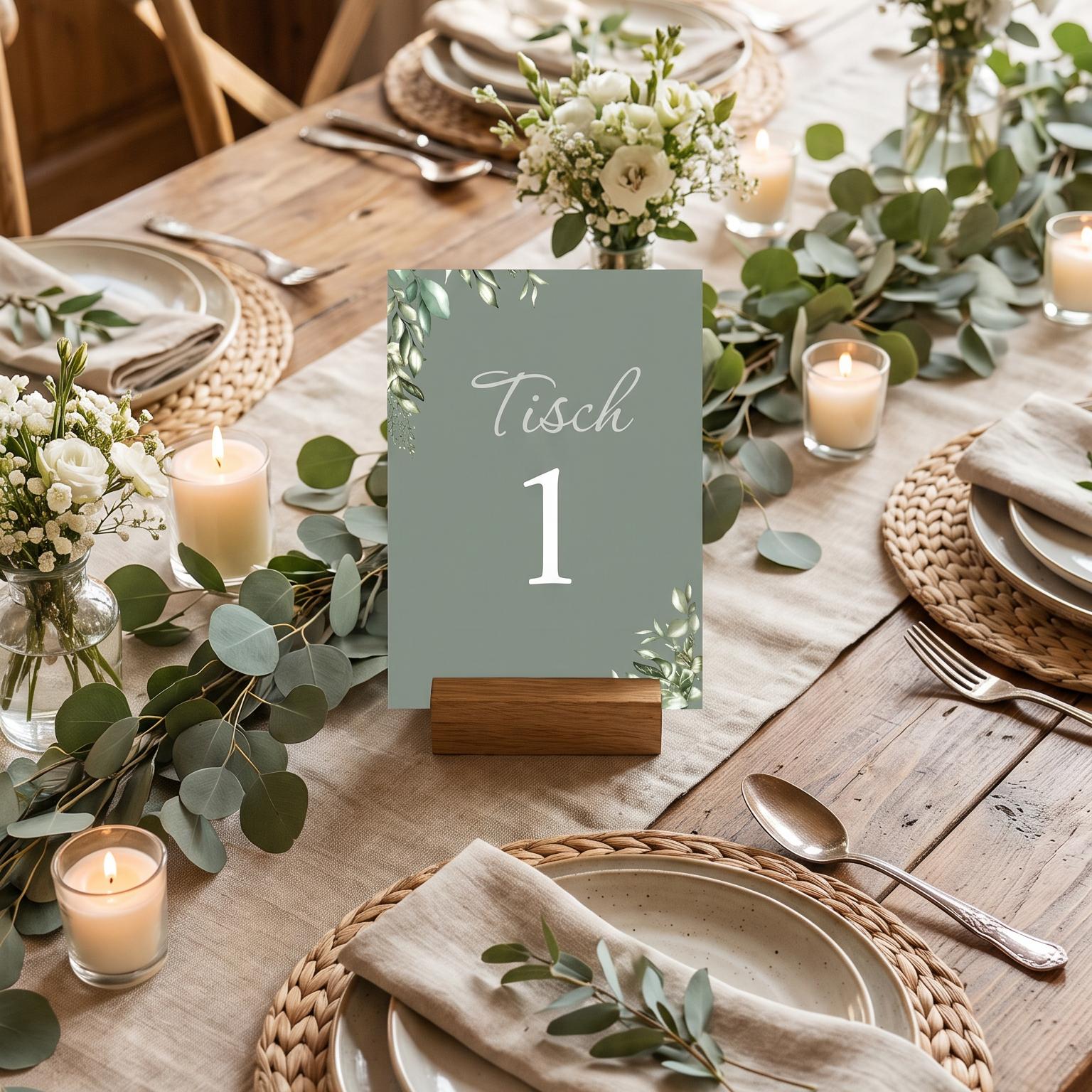 Tischkarten Hochzeit „Greenery Oliv“ – Tischnummern passend zum Sitzplan