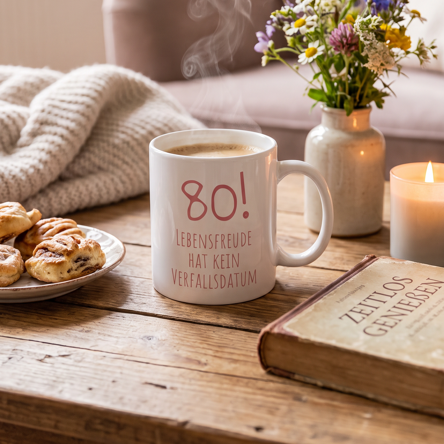 Keramik-Tasse „80!!! Lebensfreude hat kein Verfallsdatum“ – Geschenk zum 80. Geburtstag