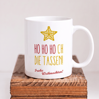 Keramik Tasse Weihnachten „Ho HO HOCH die Tassen“ – Lustige Weihnachtstasse Schrift Rot