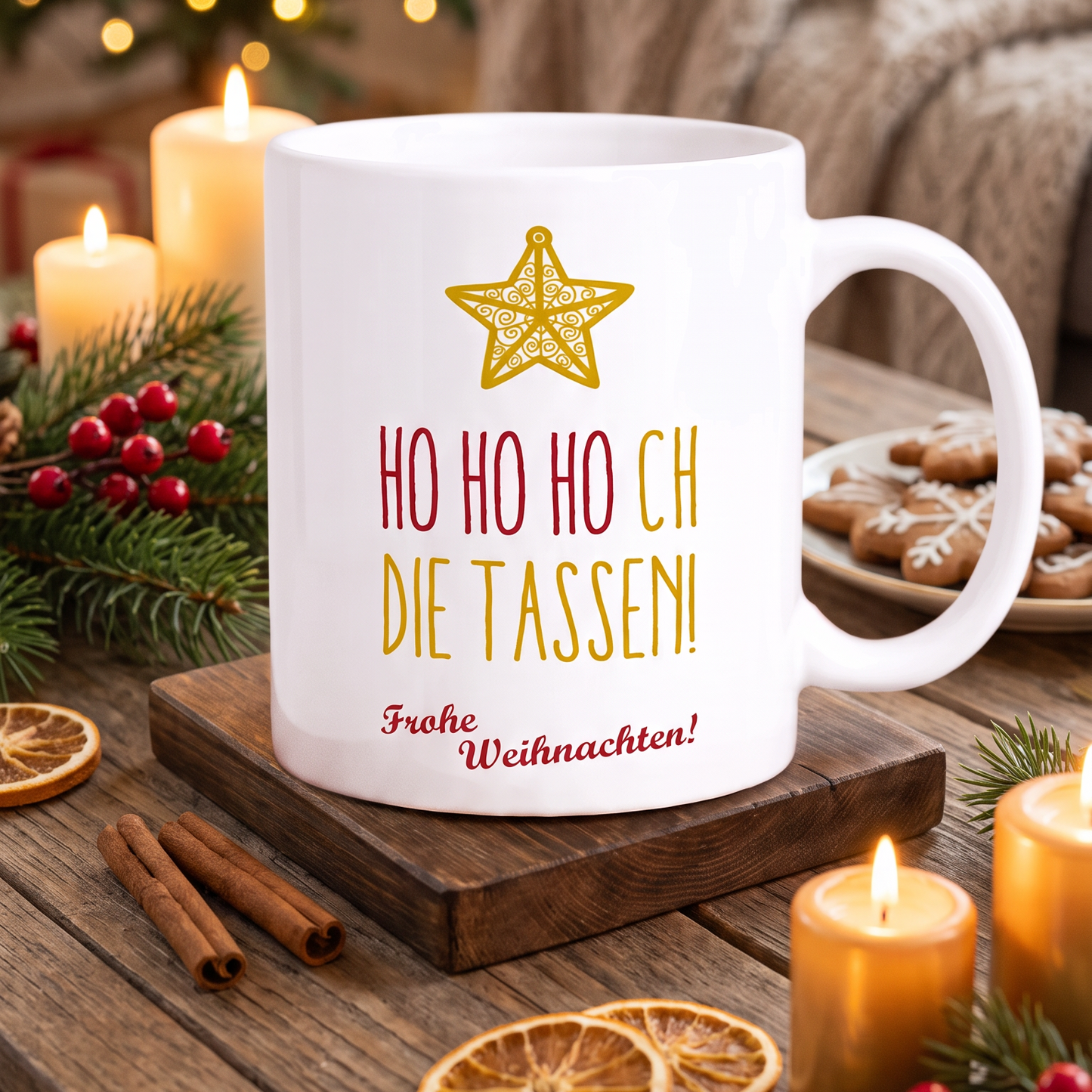 Keramik Tasse Weihnachten „Ho HO HOCH die Tassen“ – Lustige Weihnachtstasse Schrift Rot