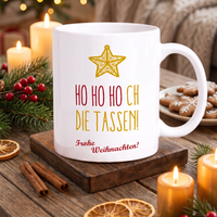 Keramik Tasse Weihnachten „Ho HO HOCH die Tassen“ – Lustige Weihnachtstasse Schrift Rot