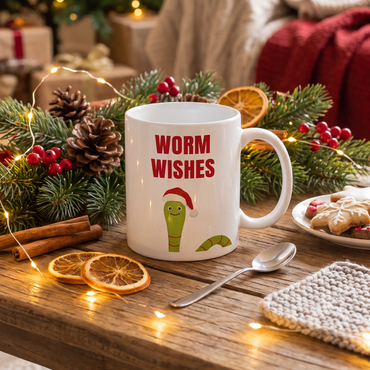 Keramik Tasse Weihnachten „Worm Wishes“ – Witzige Weihnachtstasse