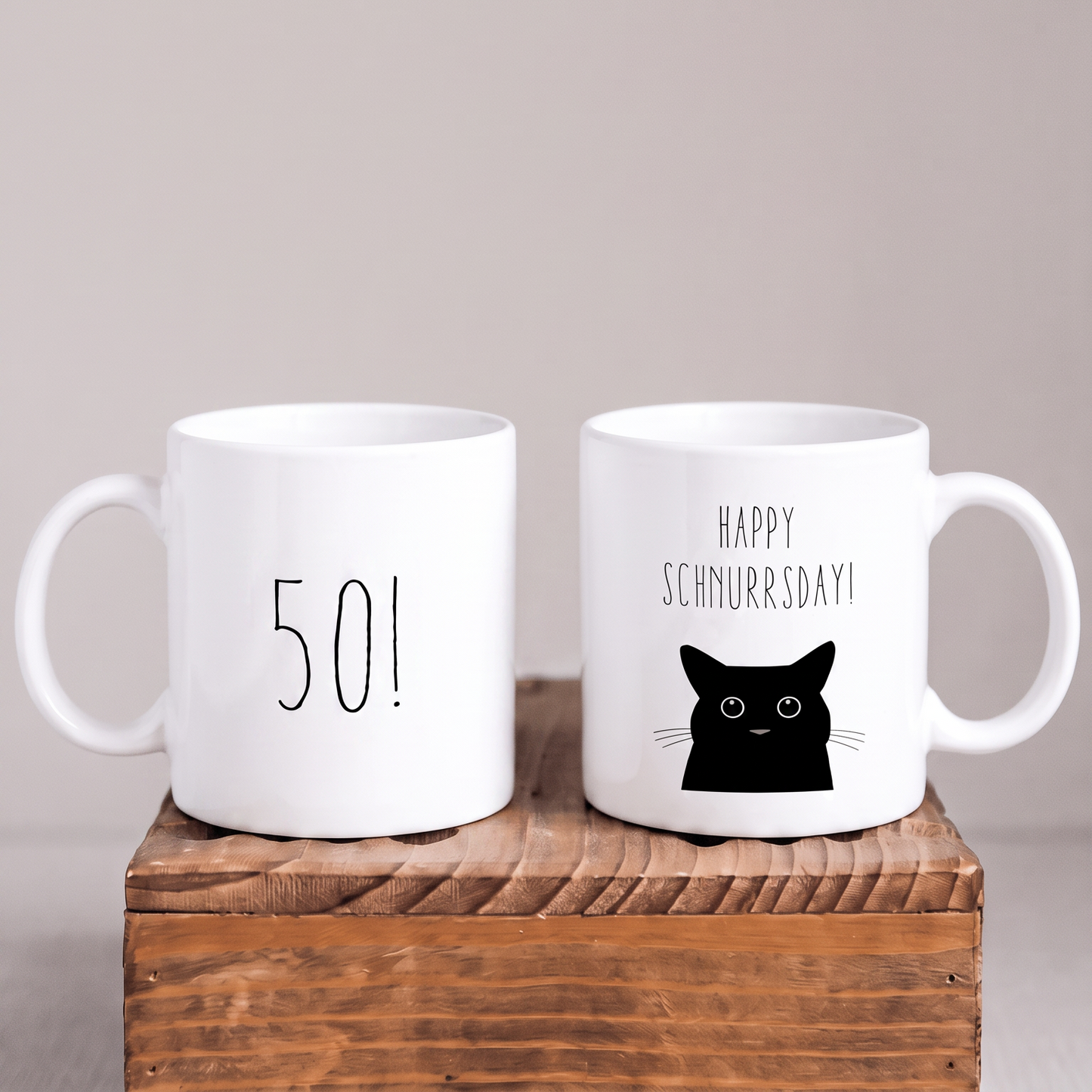 Keramik-Tasse „Happy Schnurrsday“ – Lustige Geburtstagstasse zum 50. Geburtstag