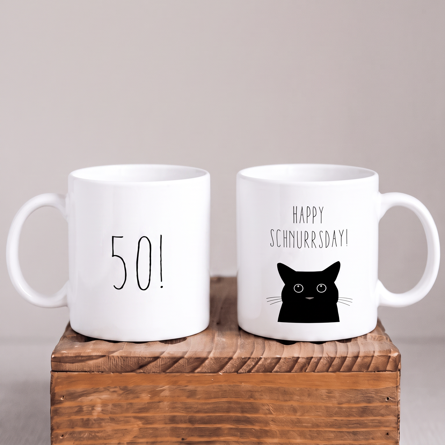Keramik-Tasse „Happy Schnurrsday“ – Lustige Geburtstagstasse zum 50. Geburtstag