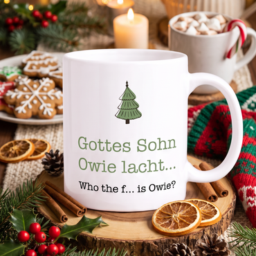 Keramik Tasse Weihnachten „Gottes Sohn – Owie lacht“ – Lustige Weihnachtstasse